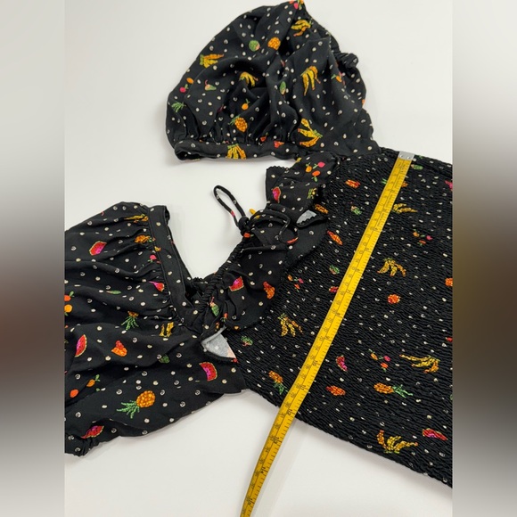 FARM RIO Dress Mini Tiny Fruits Smocked Puff Sleeve Ruffle Sz S Black Multicolor - Picture 5 of 9